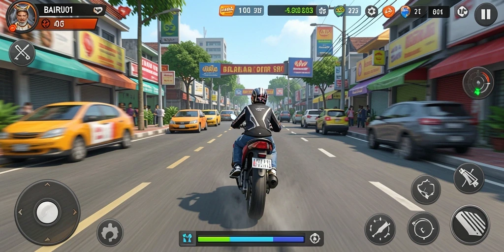 Tampilan gameplay seru dalam balapan motor cepat.