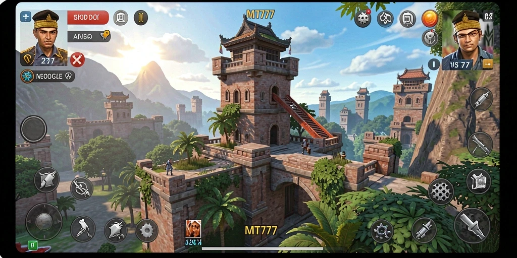 Screenshot gameplay MT777 menampilkan menara dan musuh yang menegangkan.