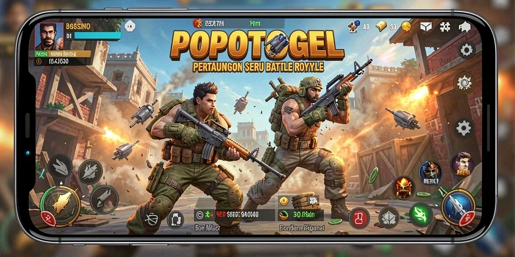 Tampilan gameplay POPOTOGEL saat pertarungan berlangsung di arena Battle Royale.