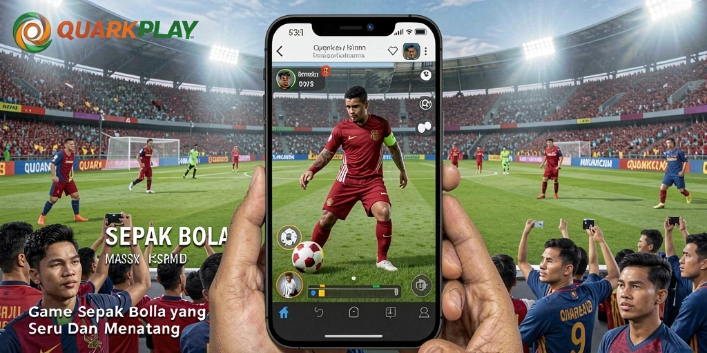 Tangkapan layar utama QUARKPLAY menampilkan aksi seru di lapangan sepak bola.