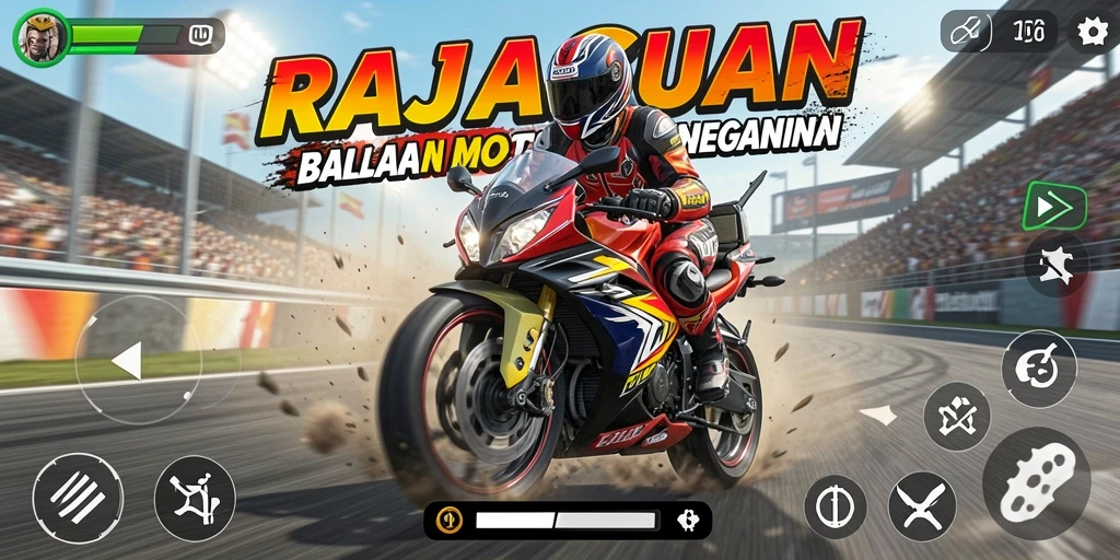 Screenshot gameplay RAJACUAN menampilkan balapan motor yang seru.