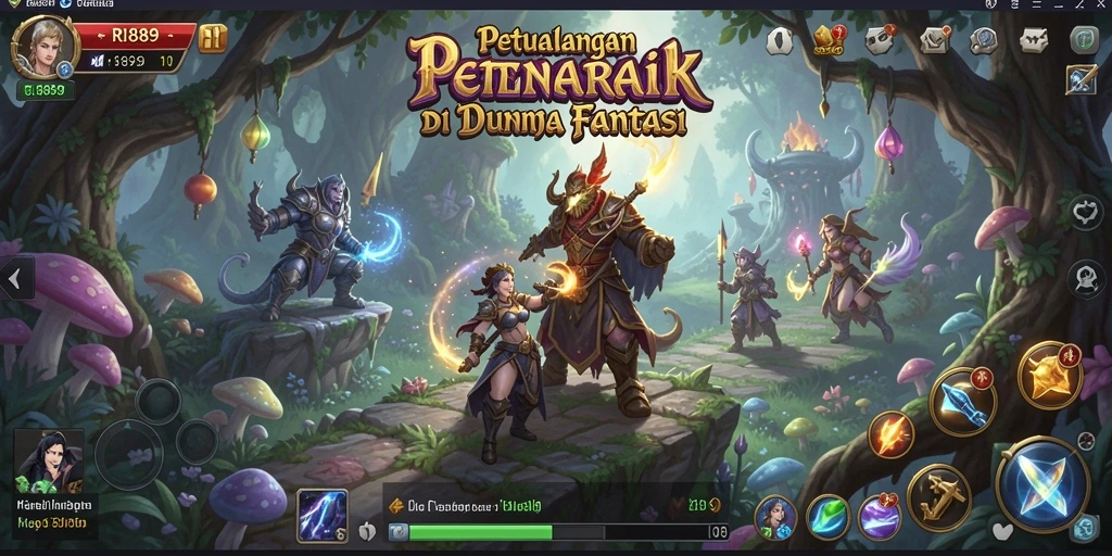 Screenshot menunjukkan karakter utama menjelajahi dunia fantasi yang memukau.