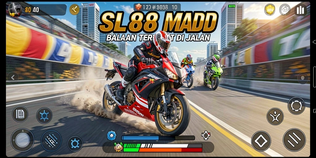 Screenshot gameplay SL888 menampilkan balapan motor yang mendebarkan.